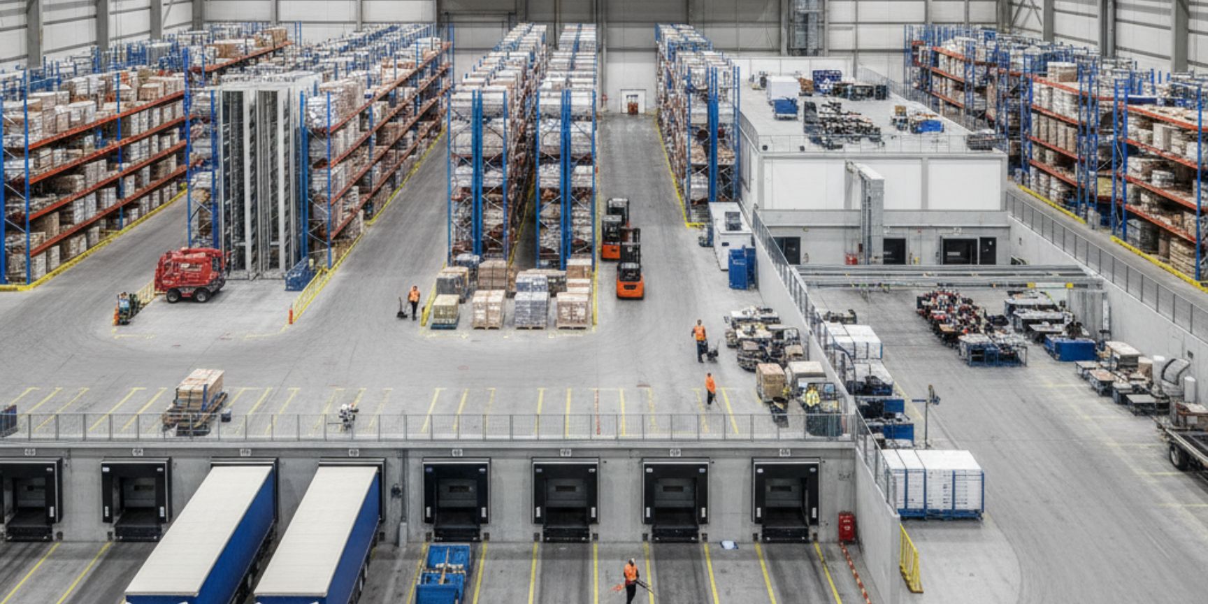 Spacious logistics hall with several truck docking ramps and docked trucks. Inside, various storage areas with shelves, aisles and picking zones are recognizable. Employees and industrial trucks move around the warehouse. An elevated office or control center overlooks the storage areas. This image illustrates the gross and net storage area, the structure of a logistics property and the importance of delivery and internal processes for the overall storage capacity